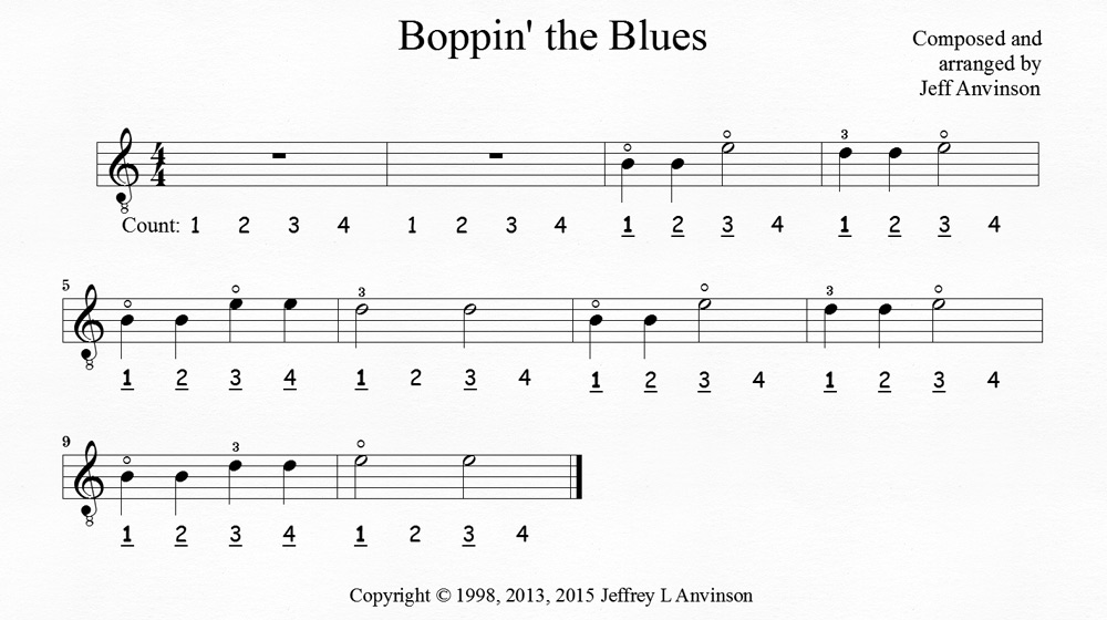 "Boppin' the Blues", a Guitar Piece to Help You Learn the Notes B, D, and E - Copyright 2015 Jeffrey Anvinson