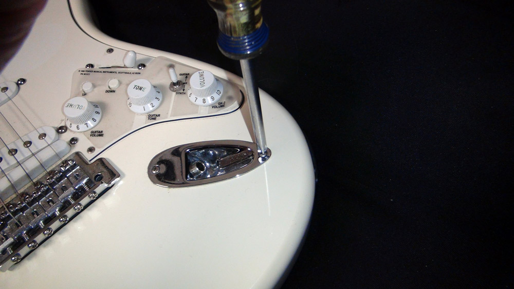 Remove the screws that hold the jack plate to the guitar.