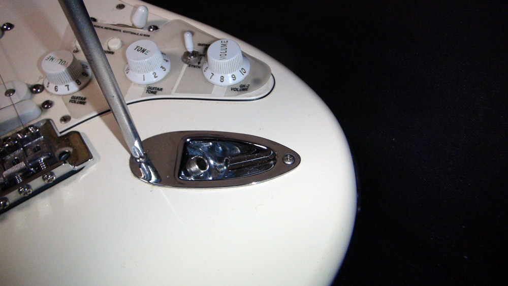 Remove the screws that hold the jack plate to the guitar.