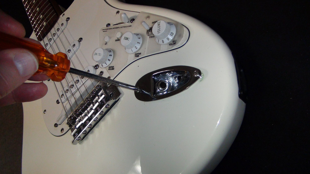 Tighten the screws that hold the plate to the guitar.