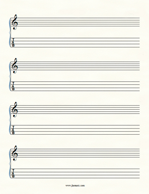 Blank printable music paper for ukulele with treble clef staves and tab