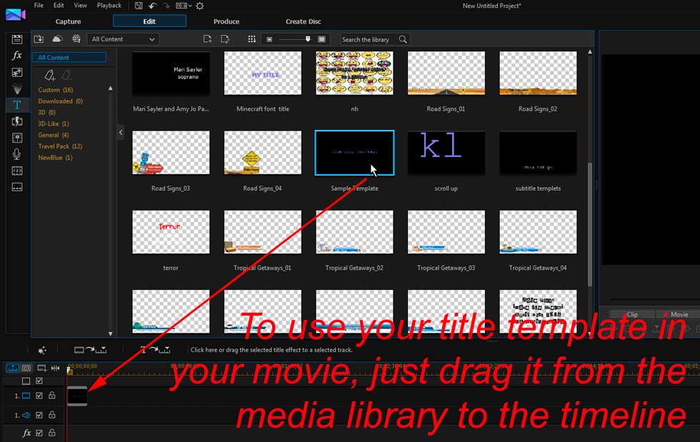 PowerDirector 13 Drag a Title from the Media Library to the Timeline
